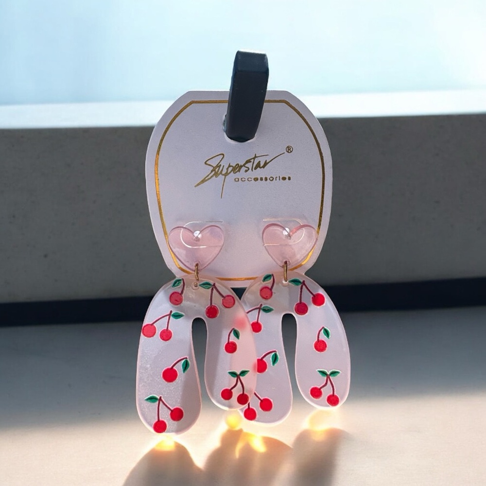 5/$25 Superstar Cherry Dangle Earrings with Heart Studs
